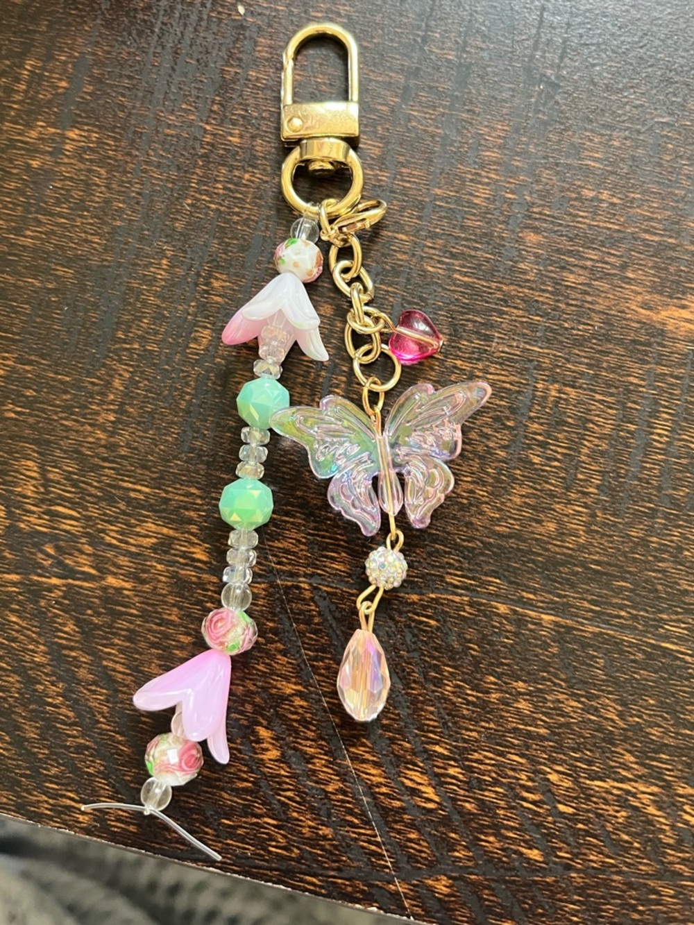Iridescent Butterfly Beaded Keychain Charm - Pink & Mint